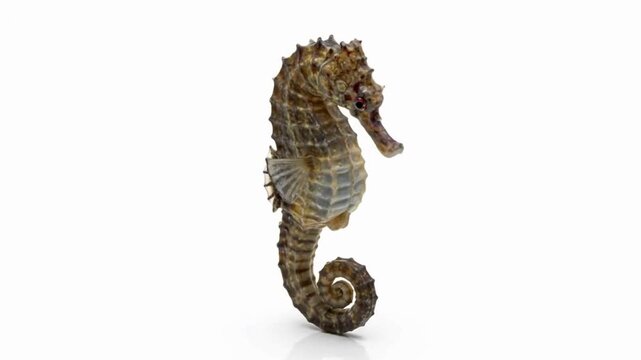 A realistic video of a seahorse swimming slowly in place, isolated on a clean white background. The seahorse&rsquo;s curled tail, detailed skin texture, and gentle fin movements.