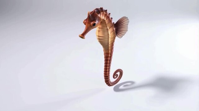 A realistic video of a seahorse swimming slowly in place, isolated on a clean white background. The seahorse&rsquo;s curled tail, detailed skin texture, and gentle fin movements.