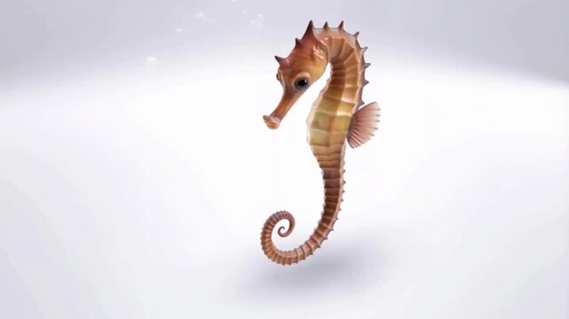 A realistic video of a seahorse swimming slowly in place, isolated on a clean white background. The seahorse&rsquo;s curled tail, detailed skin texture, and gentle fin movements.