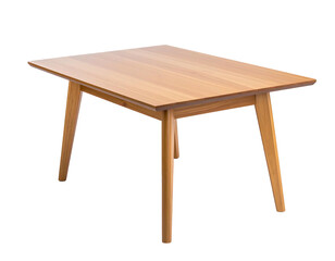 A clean wooden table stands with its light brown top and angled legs against a stark black background, casting a subtle shadow