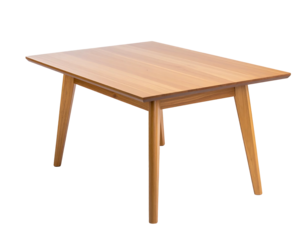 A clean wooden table stands with its light brown top and angled legs against a stark black background, casting a subtle shadow