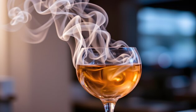 Elegant Brown Cocktail With Wispy Smoke Rising in a Stylish Glass at a Chic Bar Setting