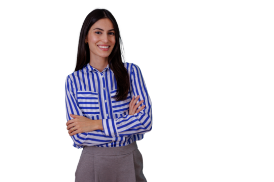 Confident businesswoman smiling with arms crossed, standing professional, representing business success and leadership on transparent background