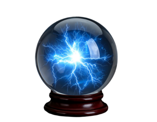 A clear crystal ball, resting on a wooden stand, containing bright blue energy bursts inside it