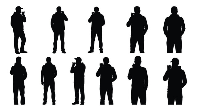 Collection of men's silhouettes vaping or standing isolated on white background, Vector