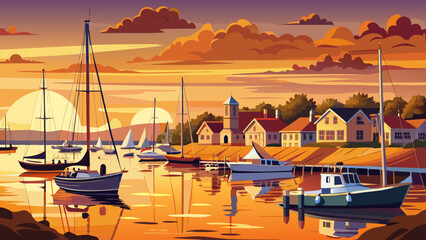Very beautiful panoramic view of sailboats in the harbor at sunset on Martha’s Vineyard, Massachusetts, USA, featuring warm golden sky, calm water reflections, and a realistic serene coastal atmospher