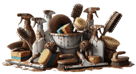 Messy collection of household cleaning supplies, brushes, sponges, and spray bottles covered in brown mud