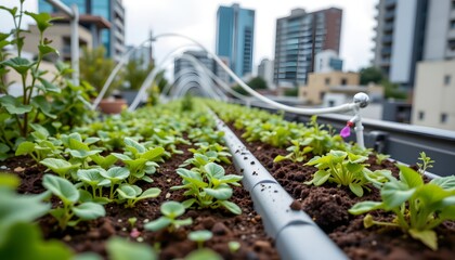 Lush Green Vegetables Growing in Hydroponic System on a Rooftop in an Urban Environment
