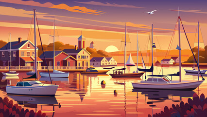 Very beautiful panoramic view of sailboats in the harbor at sunset on Martha’s Vineyard, Massachusetts, USA, featuring warm golden sky, calm water reflections, and a realistic serene coastal atmospher