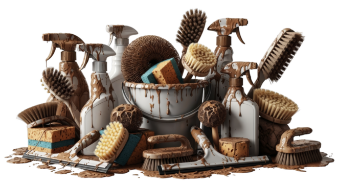 Messy collection of household cleaning supplies, brushes, sponges, and spray bottles covered in brown mud