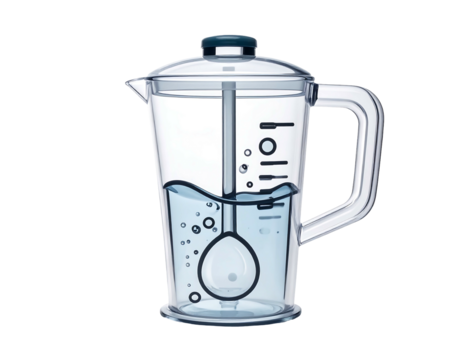 A clear pitcher with water, bubbles, measurement lines, a handle, and a lid, set against a black background