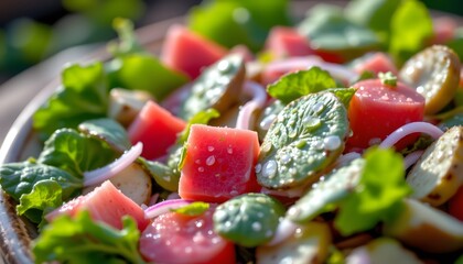 Vibrant Salad with Fresh Cucumbers, Radishes, and Leafy Greens in a Rustic Bowl