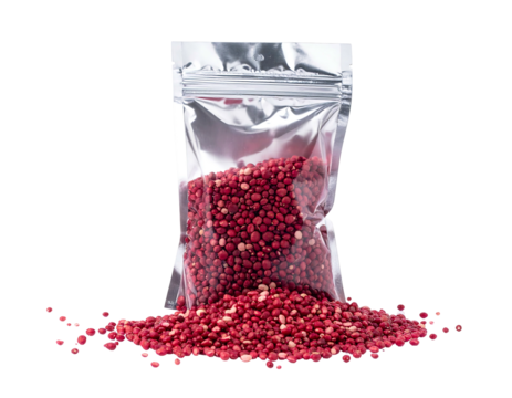 A clear pouch filled with red and white seeds spilling onto a black surface, illuminated with studio lighting