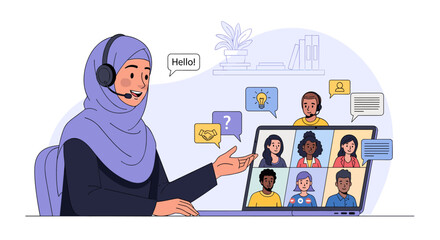 A Muslim woman wearing a hijab and headset hosts a video meeting on her laptop, engaging with clients and colleagues in a diverse online session, symbolizing remote work, customer support, online