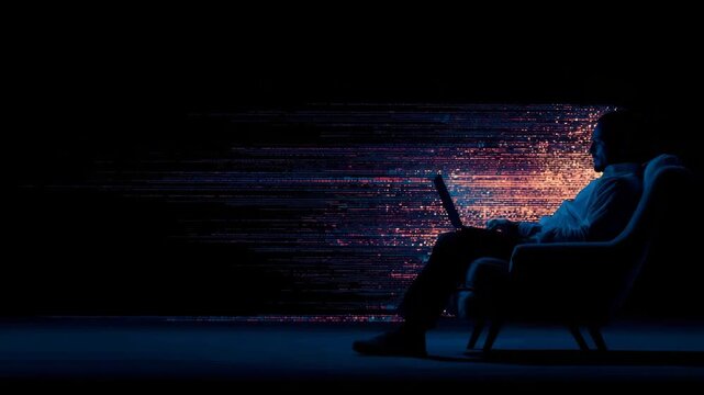 Male silhouette using laptop with digital data stream in dark room