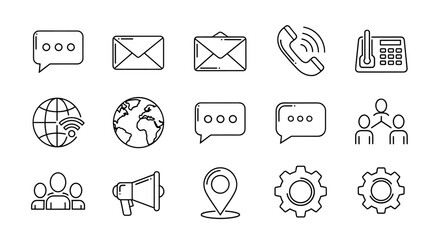 Contact Us and Communication Outline Sign Collection: A versatile set of editable stroke vector icons perfect for infographics, articles, books, flyers, banners, and more, featuring a clean cartoon