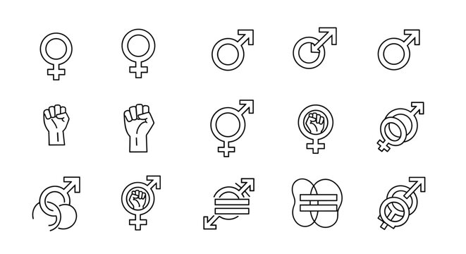 Collection of outline signs representing gender, feminism, and solidarity, including female and male symbols, raised fists, and gender equality icons. These thin line graphics are ideal for apps