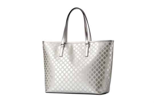 An elegant and stylish silver tote bag with a sophisticated geometric pattern. This chic metallic shoulder handbag is a fashionable accessory, perfect for a woman's daily essentials