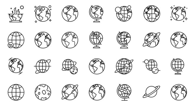Globe and Planet Line Icon Collection: A comprehensive set of outline signs for graphic and web design, apps, adverts, and various cards, featuring vector cartoon illustrations of Earth, celestial