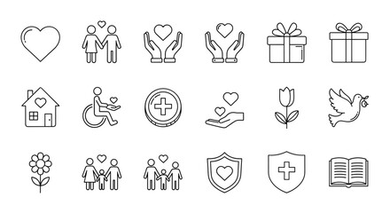 Set of outline icons representing love, friendship, care, and charity, including a heart, couple, hands holding heart, gift boxes, house, disabled person, medical cross, tulip, dove, family, shield
