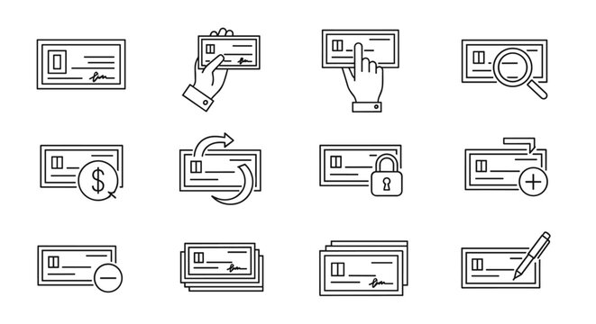 Collection of 12 stylized line art icons representing various banking and financial transactions involving checks, presented on a clean white background for versatile use in business and finance
