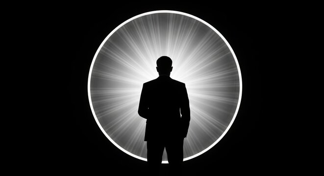 Man silhouetted within a bright ethereal circle of light