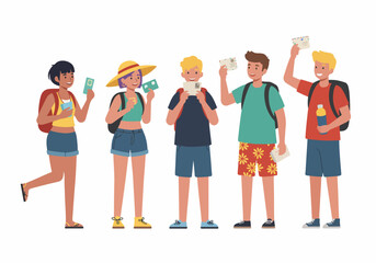 Obraz premium Happy diverse young tourist group ready for summer travel adventure, holding passports, postcards, and cameras against a white background.