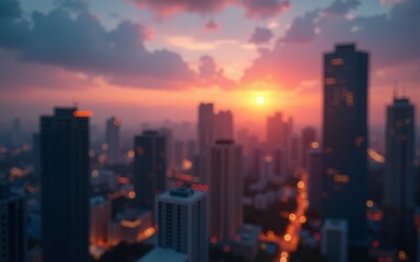 Fototapeta premium Golden hour sky with city rooftop view blur background with cityscape business corporate office building landscape blurry twilight night lights skyline nightlife bokeh for evening party. High quality