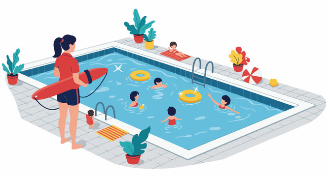 Professional female lifeguard overseeing children playing in the swimming pool, emphasizing water safety and summer fun.