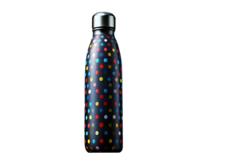 Stylish insulated reusable water bottle featuring a vibrant, multi-colored polka dot design, perfect for eco-conscious hydration and adding a splash of fun to daily routines and active lifestyles