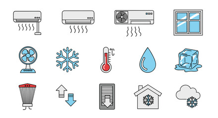 Set of cooling and air conditioner related line icons, featuring split systems, fans, snowflakes, thermometers, water drops, ice cubes, and weather symbols, perfect for graphic and web design, apps