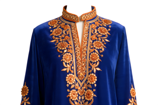 Exquisite royal blue velvet robe with intricate gold embroidery and ornate collar detail, a luxurious garment of cultural significance - Powered by Adobe