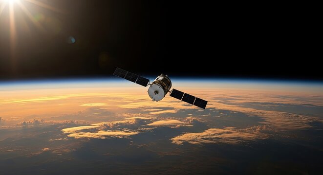 Satellite orbiting the Earth during sunrise in outer space