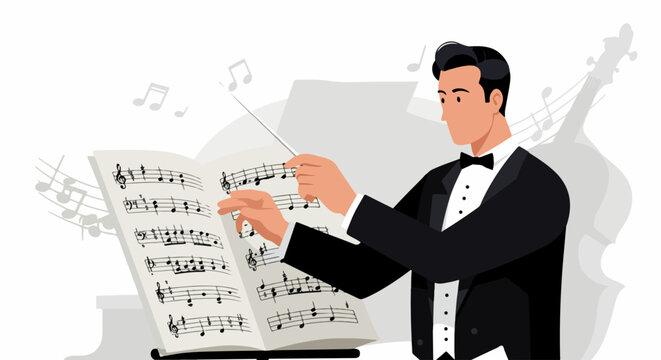 A classically dressed orchestra conductor directing musicians, holding a baton while reading the musical score on a stand, vector illustration.