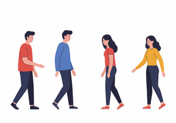 Fototapeta premium Flat vector illustration of diverse young people walking or passing each other, symbolizing movement, community, and daily routine.