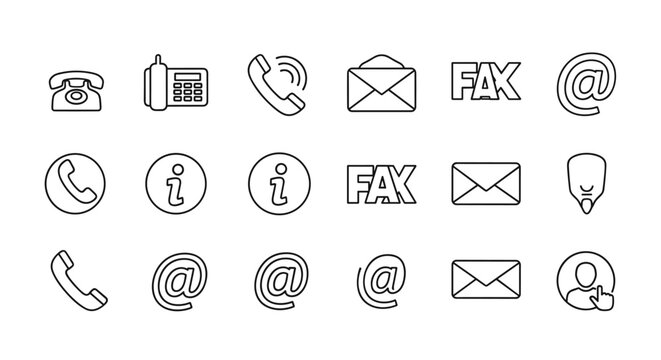 A collection of thin line contact icons on a white background, featuring symbols for phone, fax, email, information, and user support, presented in a clean and modern vector graphic style for easy