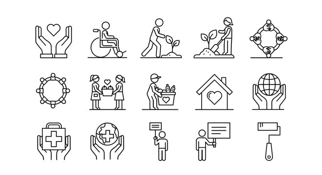 A collection of clean, modern line icons representing volunteering and community support, including hands holding a heart, a person in a wheelchair, planting, a group in a circle, people sharing, a
