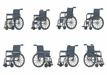 Obraz premium Collection of eight different stylized illustrations of standard manual wheelchairs, depicting medical mobility aids for disabled or injured people on a white background.