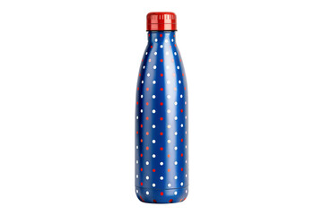 A Stylish Blue Water Bottle Adorned with a Playful Pattern of Red and White Dots, Perfect for Hydration on the Go