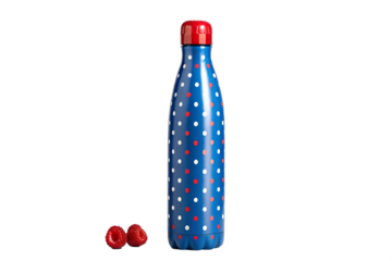 Vibrant blue reusable water bottle with a playful polka dot pattern, accompanied by fresh red raspberries, symbolizing healthy hydration and refreshing moments for an active lifestyle
