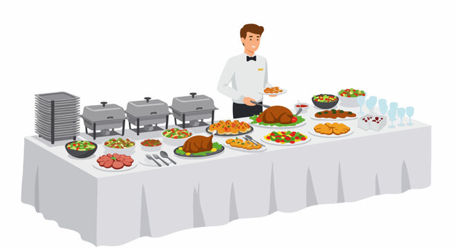 Professional catering staff at a large buffet table loaded with food, including turkey, salads, and chafing dishes, vector illustration.
