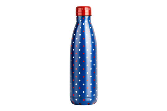 A Stylish Blue Water Bottle Adorned with a Playful Pattern of Red and White Dots, Perfect for Hydration on the Go