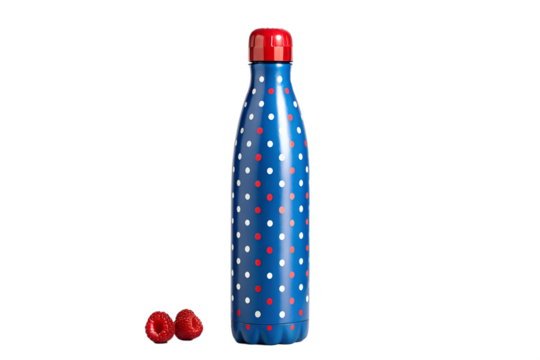 Vibrant blue reusable water bottle with a playful polka dot pattern, accompanied by fresh red raspberries, symbolizing healthy hydration and refreshing moments for an active lifestyle