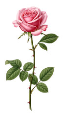 Obraz premium Pink rose with green leaves and red thorns on black background flower floral