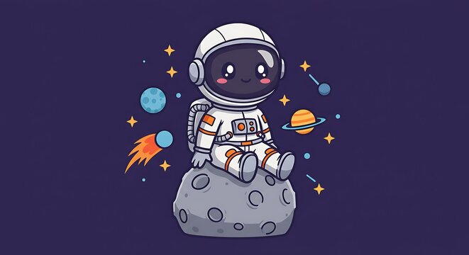 Cute cartoon astronaut seated on moon with planets, stars, and comet in space