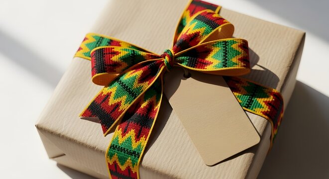A beautifully wrapped gift box with a colorful kente cloth ribbon and a blank gift tag, perfect for any occasion