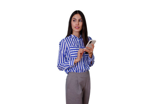 Businesswoman looking away while holding and using a mobile phone, thinking and communicating on transparent background