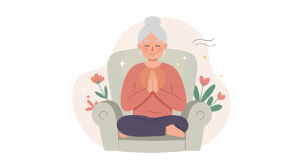Serene elderly woman meditating in a comfy chair, embracing mindfulness and inner peace.