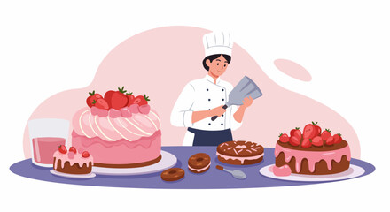 Professional baker creating and decorating delicious strawberry layer cakes and chocolate donuts, showcasing confectionery artistry.