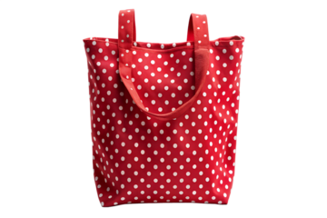 A simple red tote bag with white polka dots and two handles, perfect for everyday use or as a shopping companion, showcasing a classic and cheerful design